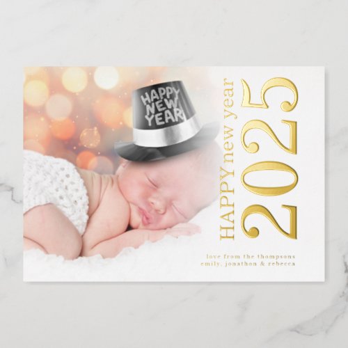 Modern Photo Rotated Text Happy New Year 2025 Real Foil Holiday Card