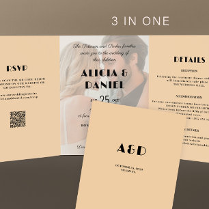 Modern photo rsvp details QR cream black wedding Tri-Fold Invitation