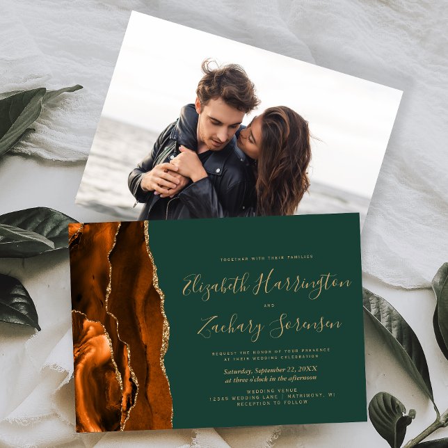 Modern Photo Rust Gold Agate Dark Green Wedding Invitation (Creator Uploaded)
