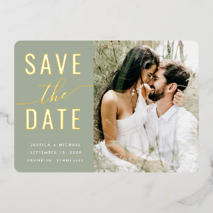 Modern Photo Sage Green Script Save The Date Gold Foil Invitation
