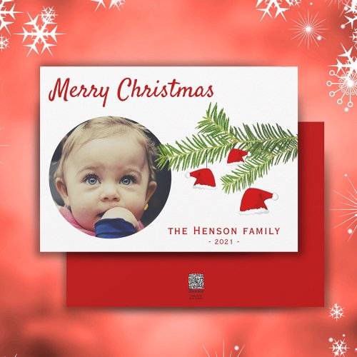 Modern Photo Santa Hat Pine Merry Christmas Holida Holiday Card