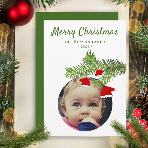 Modern Photo Santa Hat Pine Merry Christmas  Holiday Card