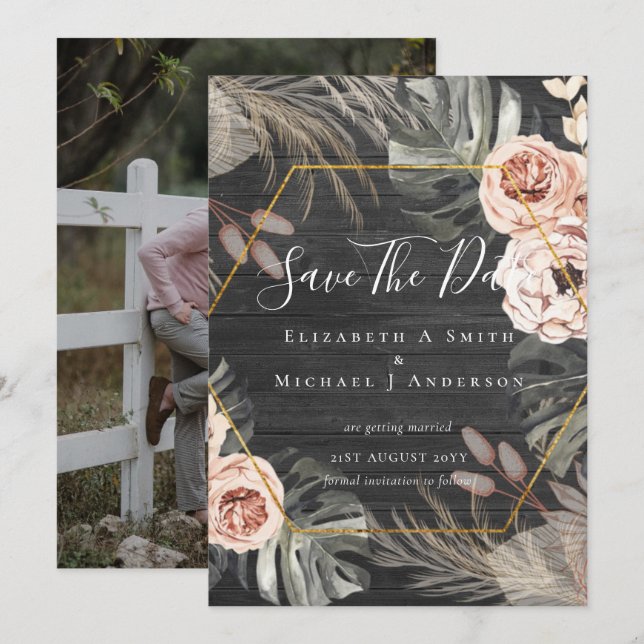 Modern Photo Save Dates PAMPAS Coral Tropical (Front/Back)