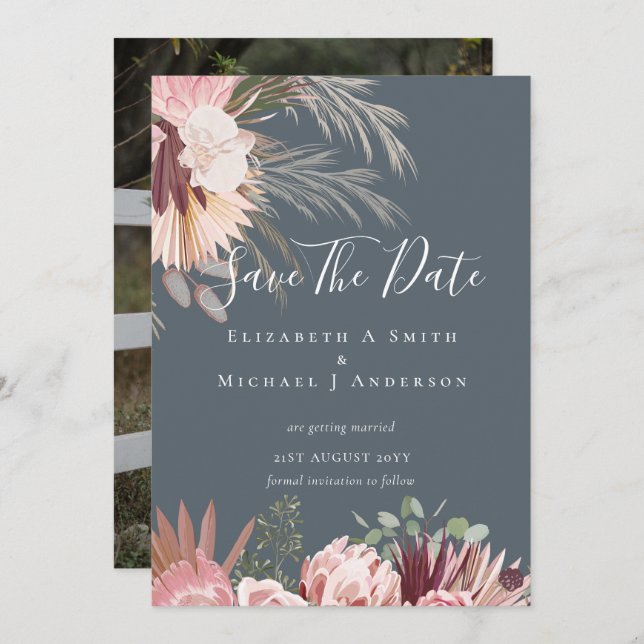 MODERN PHOTO SAVE DATES - Pampas Grass Burgundy (Front/Back)