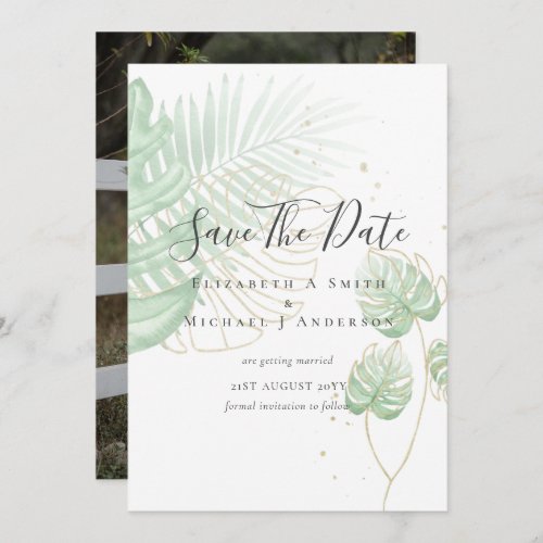 Modern Photo SAVE DATES Topical Leaves Gold