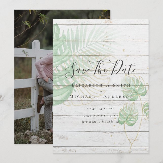 Modern Photo SAVE DATES Topical Leaves Gold (Front/Back)