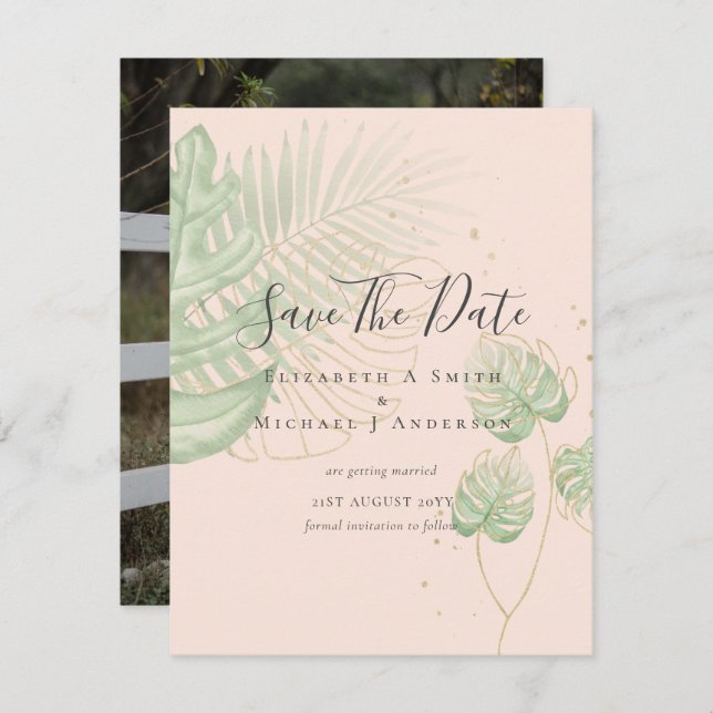 Modern Photo SAVE DATES Topical Leaves Gold (Front/Back)