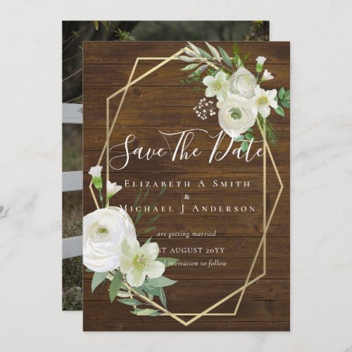 Modern Photo Save Dates White Floral Greenery Leaf