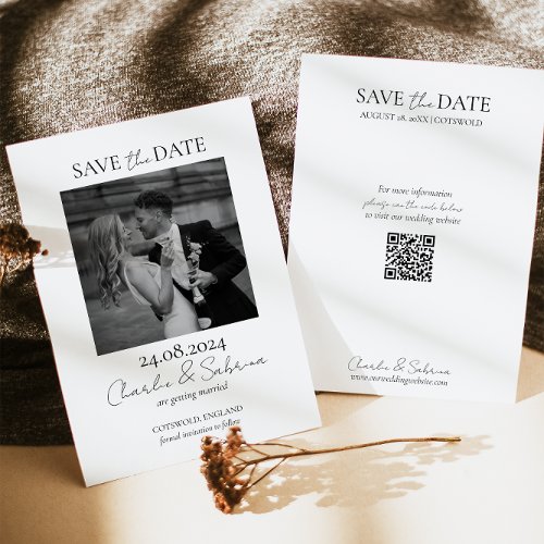 Modern Photo Save the Date Card with QR Code 