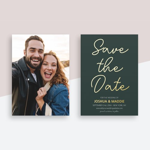 Modern Photo Save The Date Dark Green Real Gold Foil Invitation
