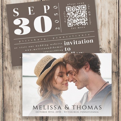 Modern Photo Save the Date QR Code Simple Brown