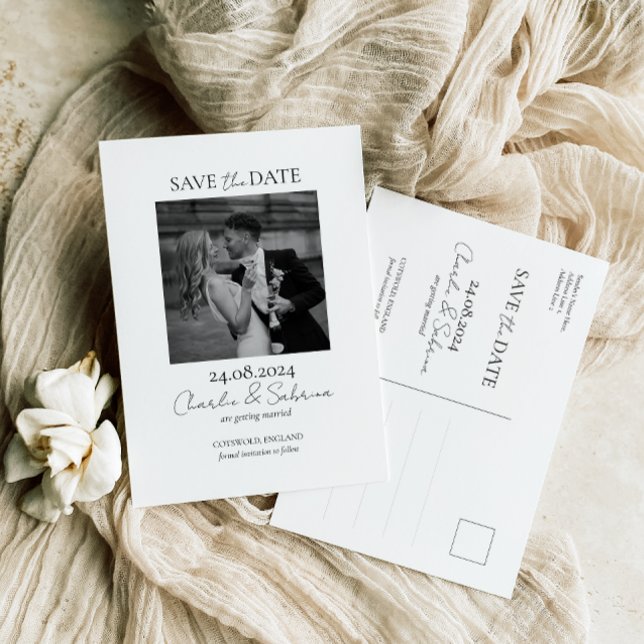 Modern Photo Save the Date Script Wedding Postcard (Creator Uploaded)