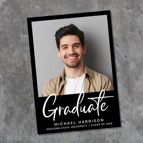 Modern Photo Script Black Graduation Announcement