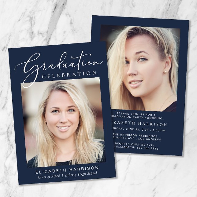 Modern Photo Script Blue Graduation Party Invitation (Creator Uploaded)