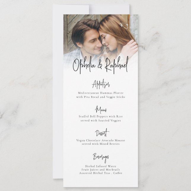 Modern Photo Script Boho Wedding Menu Card (Front)