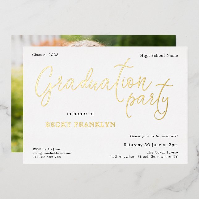 Modern Photo Script Class of 2024 Graduation Real Foil Invitation (Front/Back)
