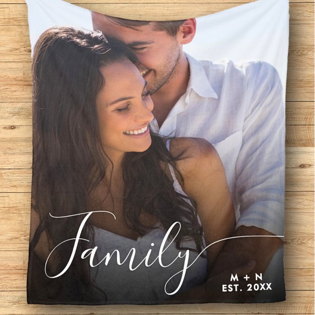 Modern Photo Script Couple Family Love Initials Fleece Blanket (Creator Uploaded)