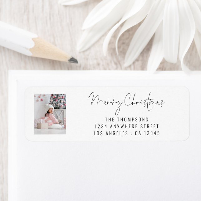 Modern Photo Script Merry Christmas Return Address Label (Insitu)