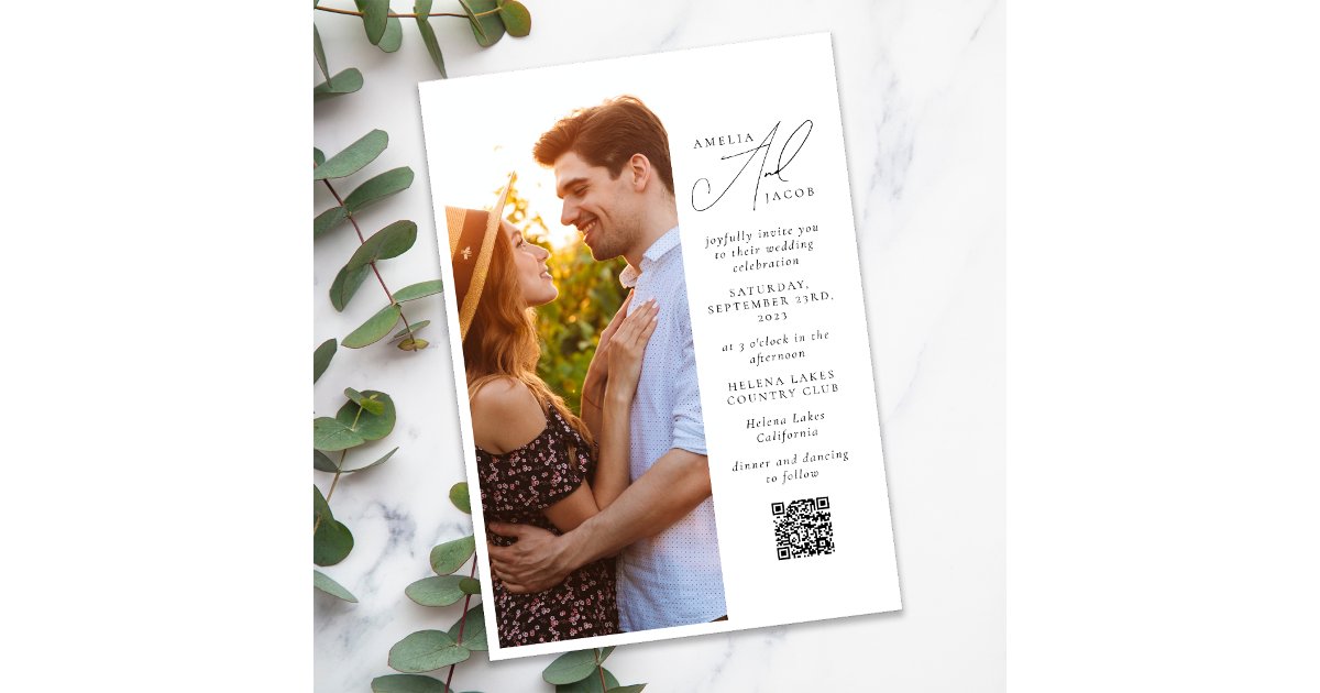 Modern Photo Script QR Code Wedding Invitation | Zazzle