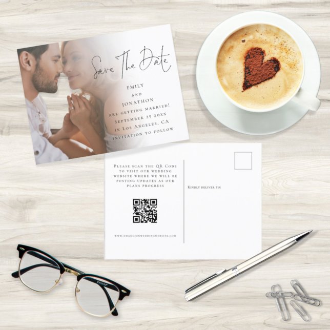 Modern Photo Script QR Code Wedding Save The Date  Postcard (Front and back view of postcard. Part of a large matching wedding colection.)