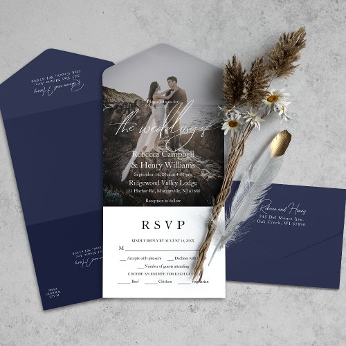 Modern Photo Script RSVP Entree Navy Blue Wedding All In One Invitation