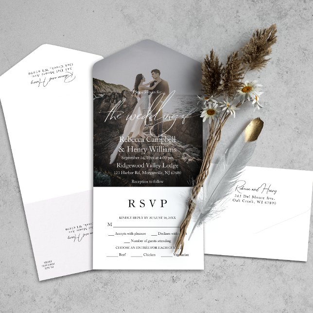 Modern Photo Script RSVP Entree Wedding All In One Invitation (Simplify your wedding with our all-in-one invitation – convenience and beauty in a single card.)