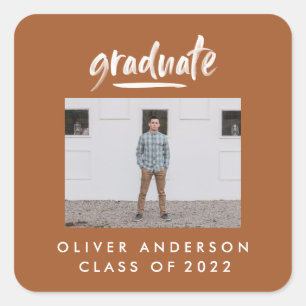 Modern photo script rust terracotta graduation square sticker