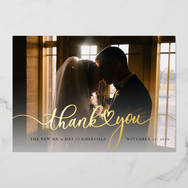 Modern Photo Script Wedding Thank You Card (Front)