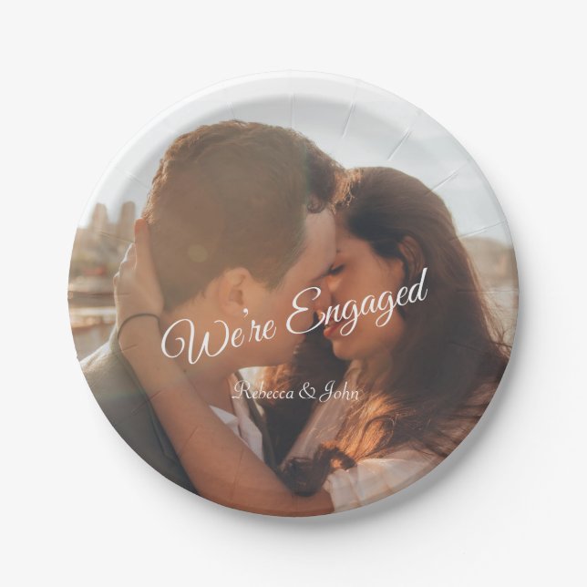 Modern Photo Script We're Engaged Party  Paper Plates (Front)