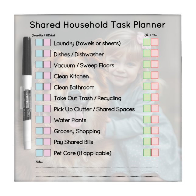 Modern Photo Shared Household Task Planner Dry Erase Board (Front)