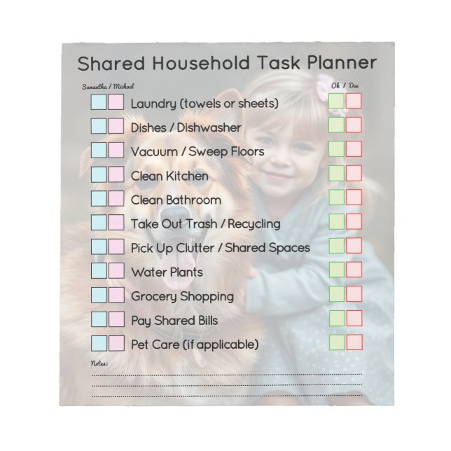 Modern Photo Shared Household Tasks Planner Notepad (Front)