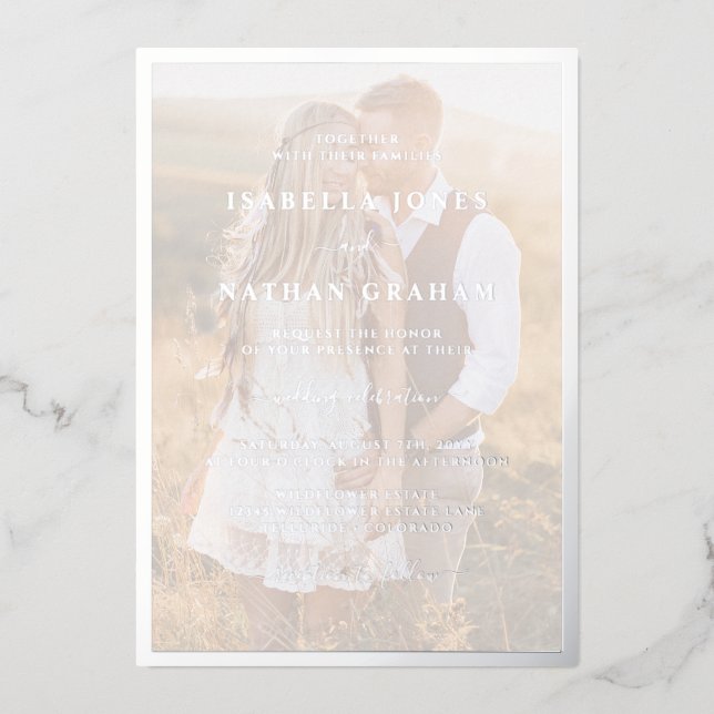 Modern Photo Silver Wedding Foil Invitation (Front)