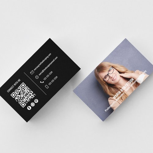 Modern Photo Simple Black QR Code Social Media Business Card