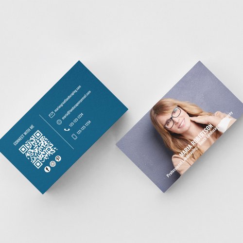 Modern Photo Simple Blue QR Code Social Media Business Card