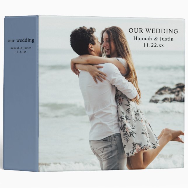 Modern Photo Simple Dusty Blue Wedding Planner 3 R Ring Binder (Front/Spine)
