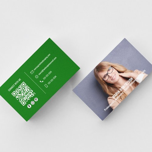 Modern Photo Simple Green QR Code Social Media Business Card