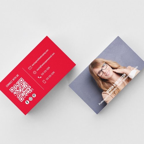Modern Photo Simple Red QR Code Social Media Business Card