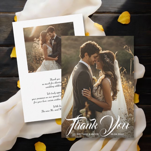 Modern Photo Simple Wedding Thank You Card (Modern wedding photos flat thank you cards, default size 5" x 7")