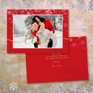 Modern Photo Snowflakes Gold Love Script Holiday Card