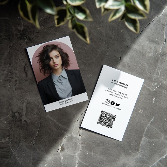 Modern photo social media stylist with QR code Business Card (Photo business card with a high-quality photo in a stylish arched frame, along with QR code)