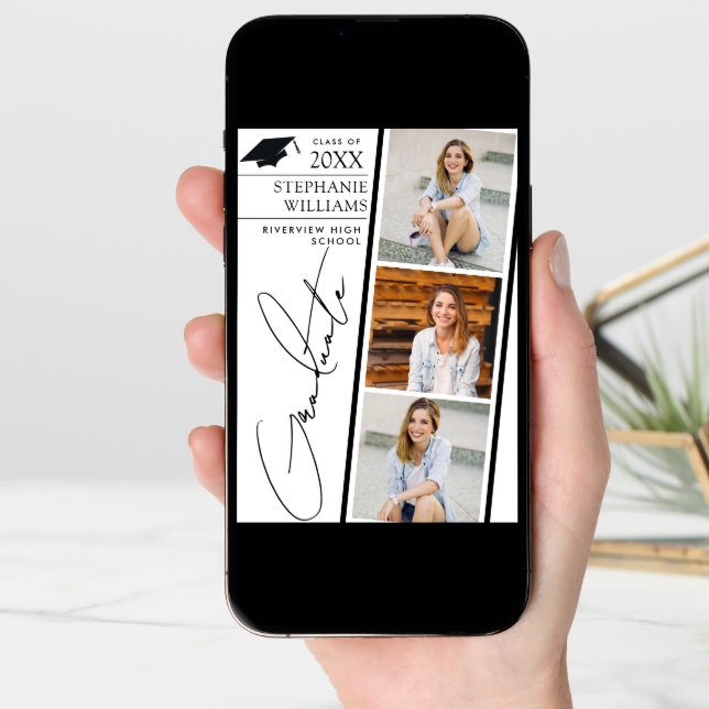 Modern Photo Strip White Graduation Announcement (Front Digital)