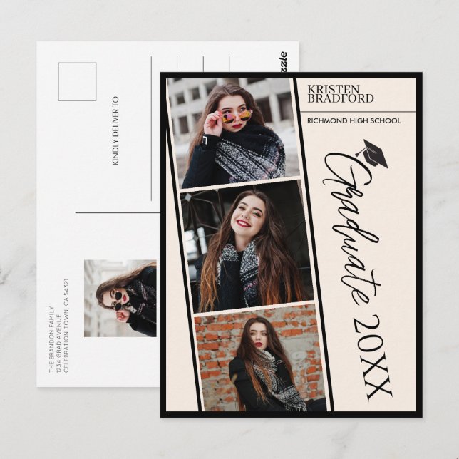 Modern Photo Strips Beige Graduation Announcement Postcard (Front/Back)