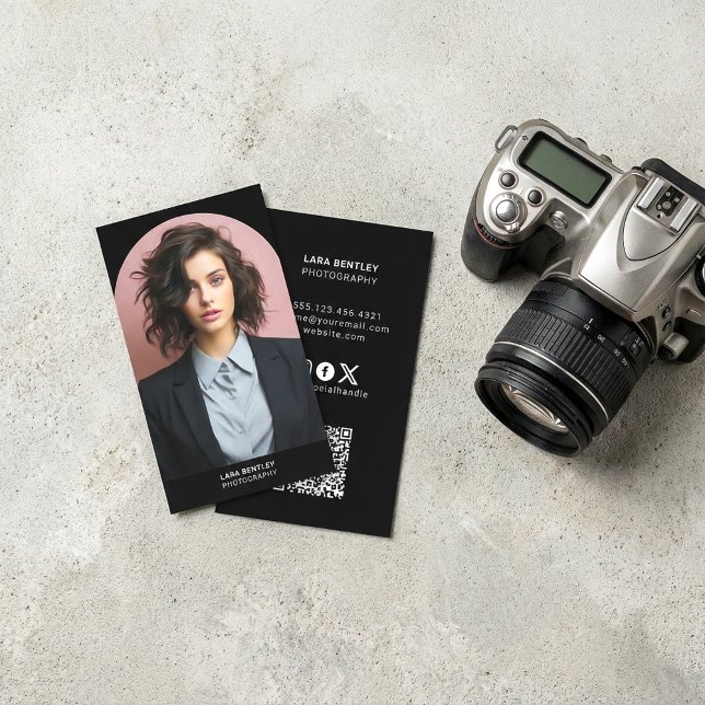 Modern photo stylist social media QR code Business Card (Modern photo stylist social media QR code Business Card.)