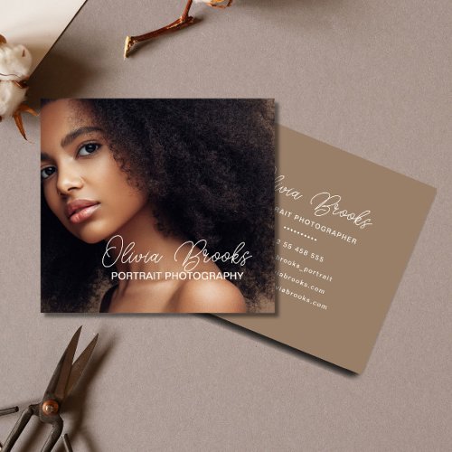 Modern Photo Taupe Braown Script Photographer Square Business Card