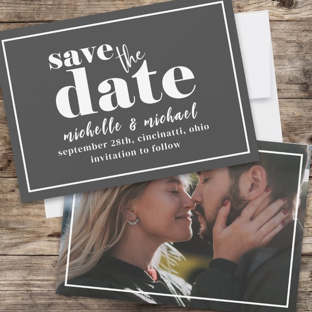 Modern Photo Template Save the Date Typography (Bold typography wedding save the date card.)