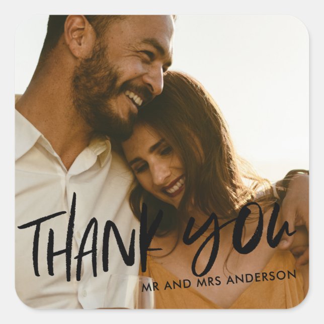 Modern Photo Thank You Wedding Favor Square Sticker (Front)