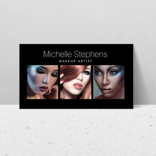 Modern Photo Trio for Makeup Artists Black Business Card