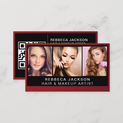 Modern Photo Trio for Makeup Artists Black QR Code Business Card