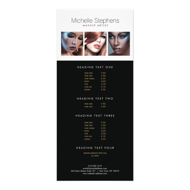 Modern Photo Trio for Makeup Artists, Stylists Rack Card (Front)