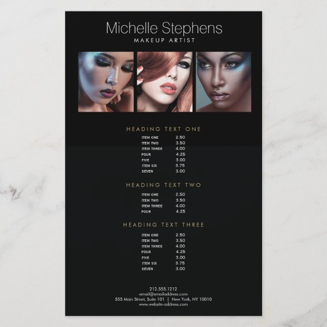 Modern Photo Trio Makeup Artists Black Price List Flyer